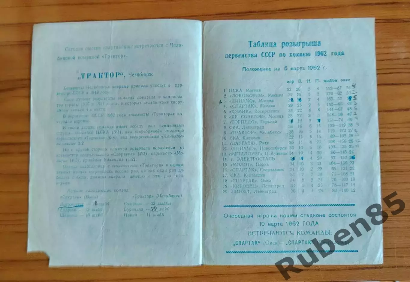 Хоккей. Программка Спартак Омск - Трактор Челябинск 1962 1
