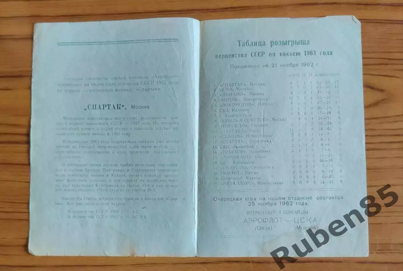 Хоккей. Программка Аэрофлот Омск - Спартак Москва 1962 1