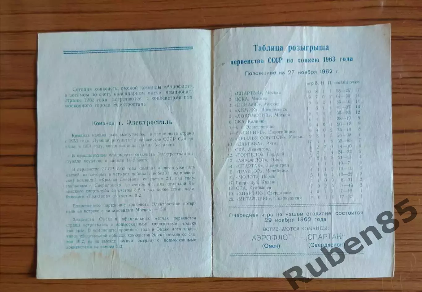 Хоккей. Программка Аэрофлот Омск - Электросталь 1962 1