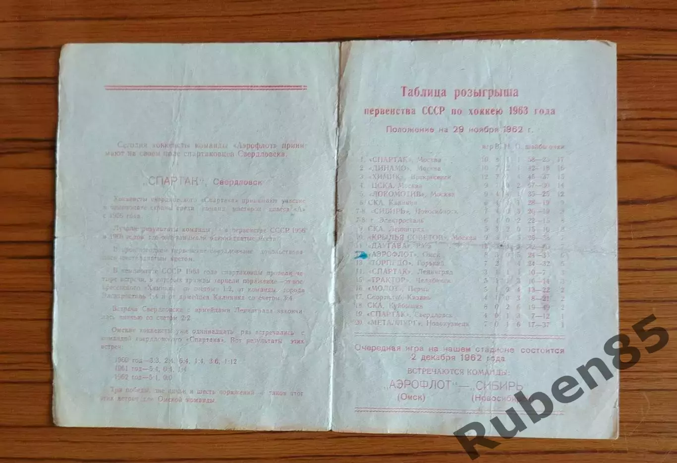 Хоккей. Программка Аэрофлот Омск - Спартак Свердловск 1962 1
