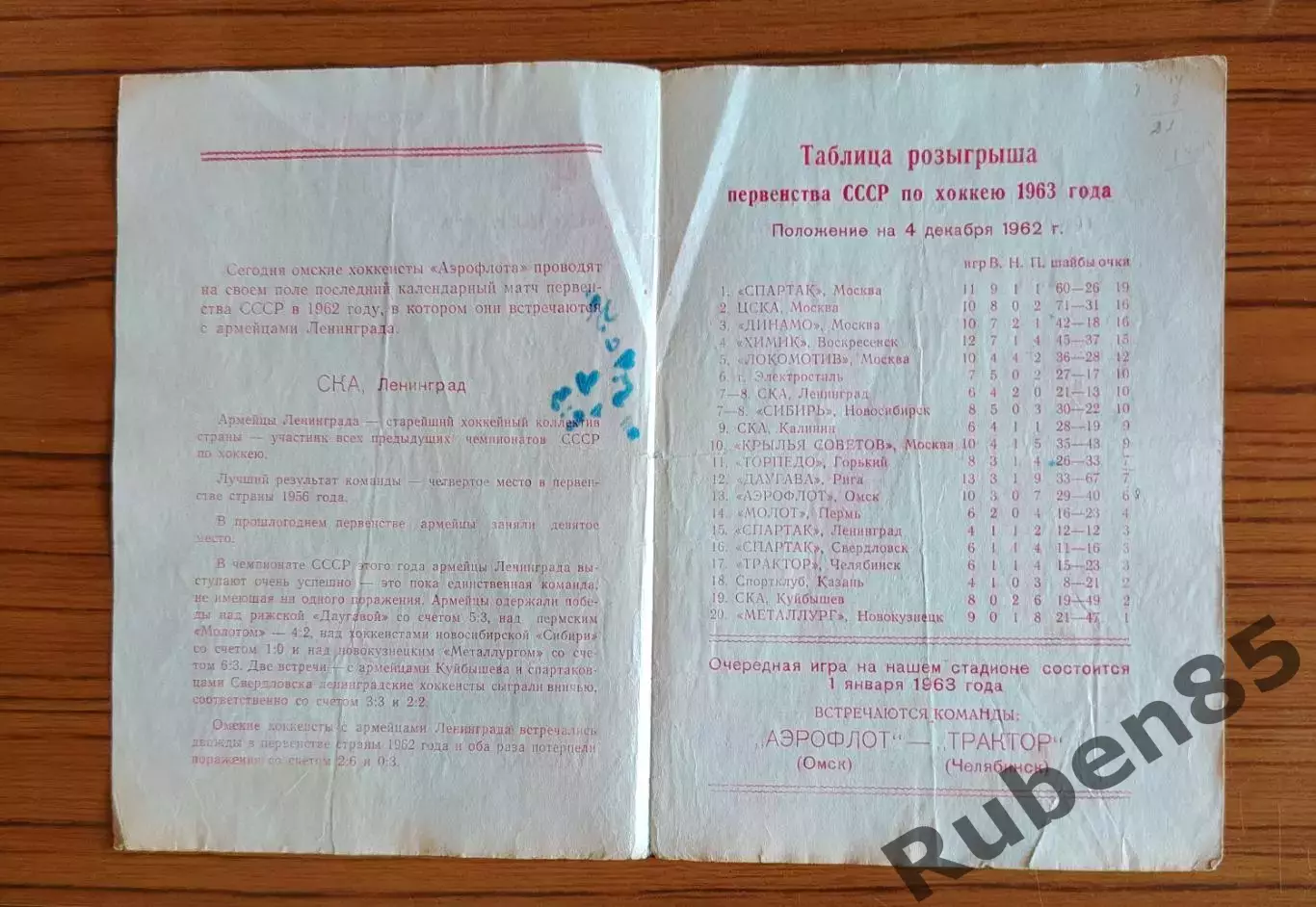 Хоккей. Программка Аэрофлот Омск - СКА Ленинград 1962 1