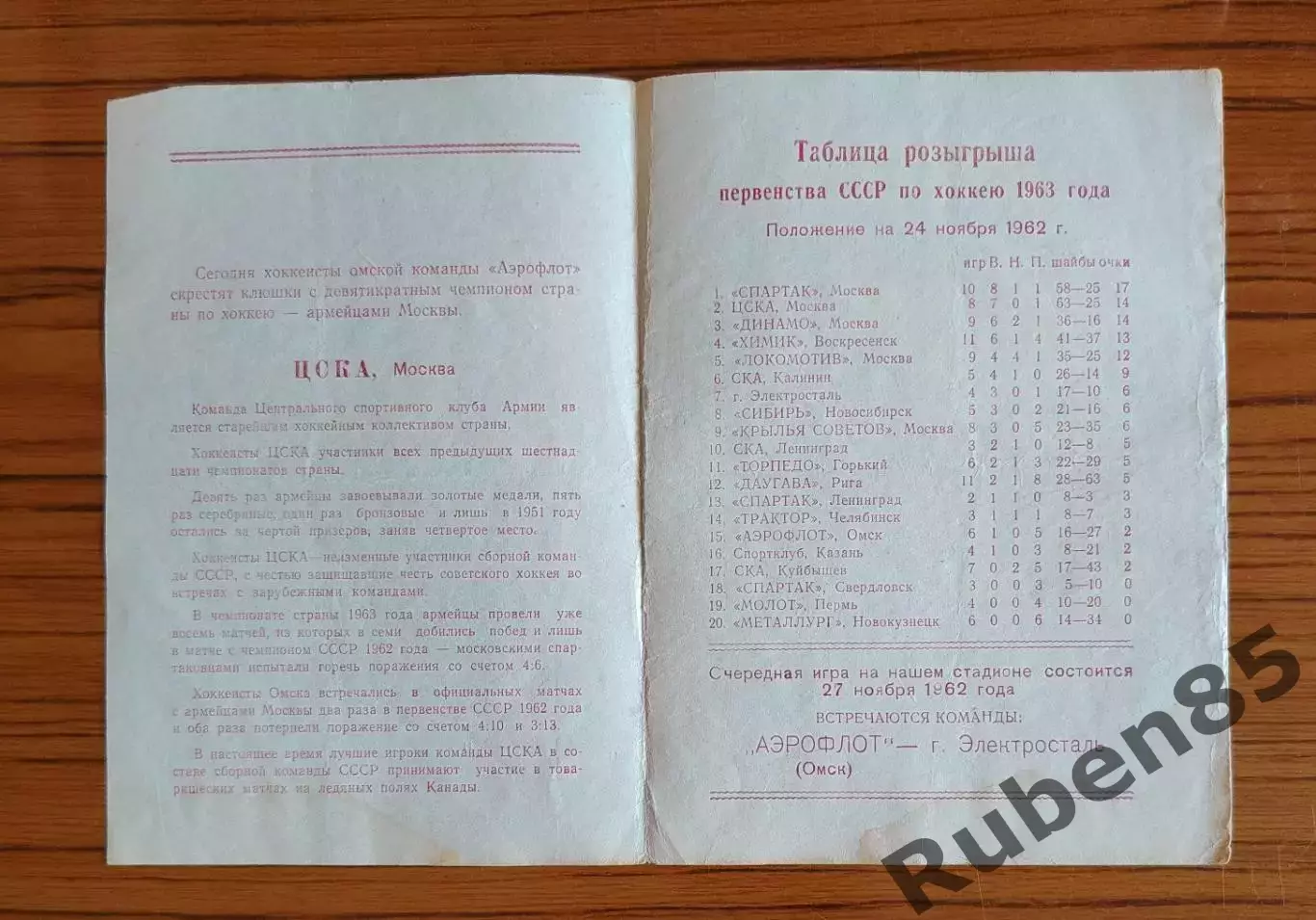 Хоккей. Программка Аэрофлот Омск - ЦСКА 1962 1