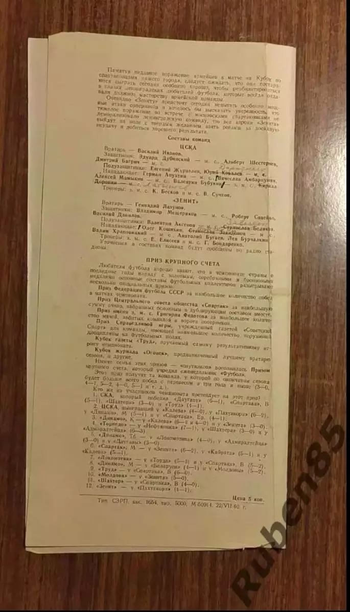 SALE % Футбол Программка Зенит - ЦСКА 1961 1