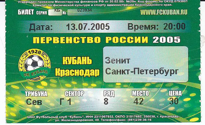 Футбол. Билет Кубань - Зенит 2005