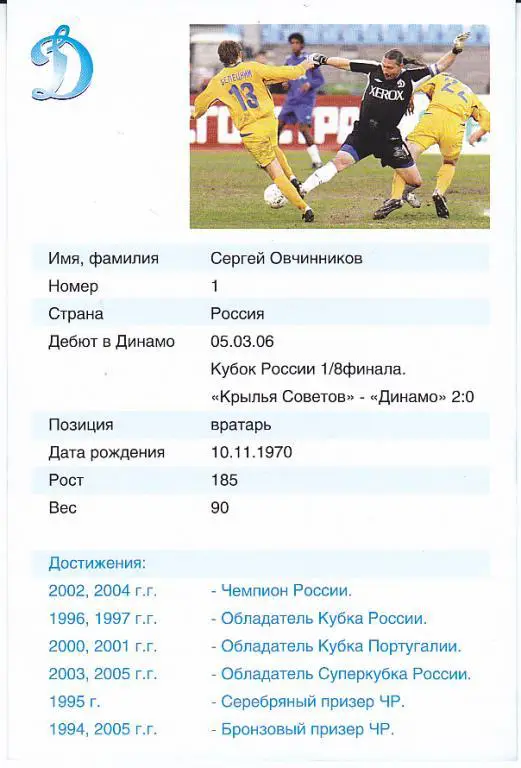 Футбол. Сергей Овчинников (Динамо Москва) Клубная открытка. 1