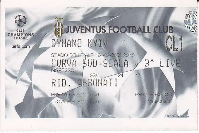 Футбол. Билет ЕК Ювентус - Динамо Киев 2002