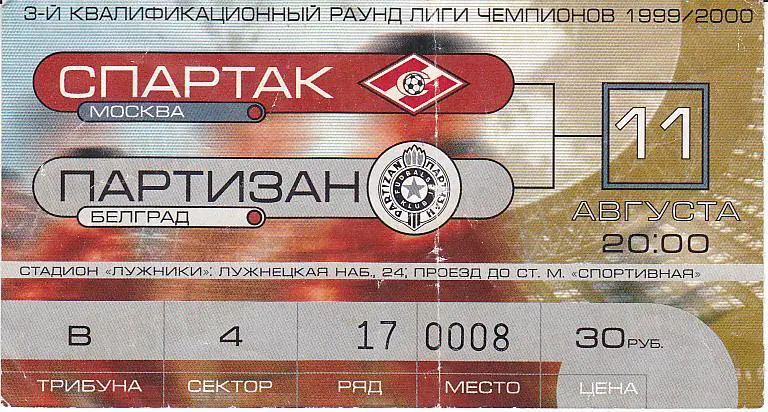 Футбол. Билет ЕК Спартак Москва - Партизан Белград 1998