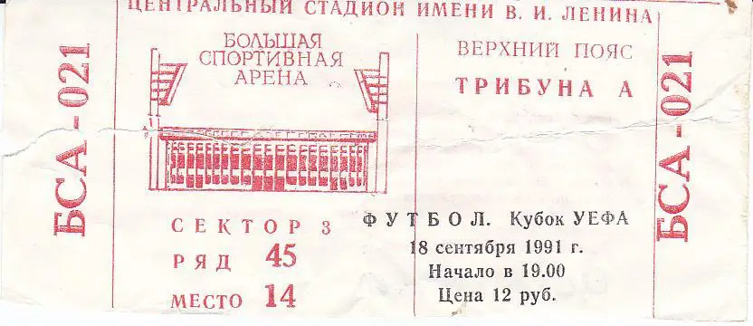 Футбол. Билет ЕК ЦСКА - Рома 1991