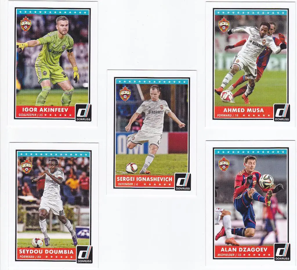 Футбол. Карточки ЦСКА из коллекции Panini Donruss 2015 (Комплект 5 штук)
