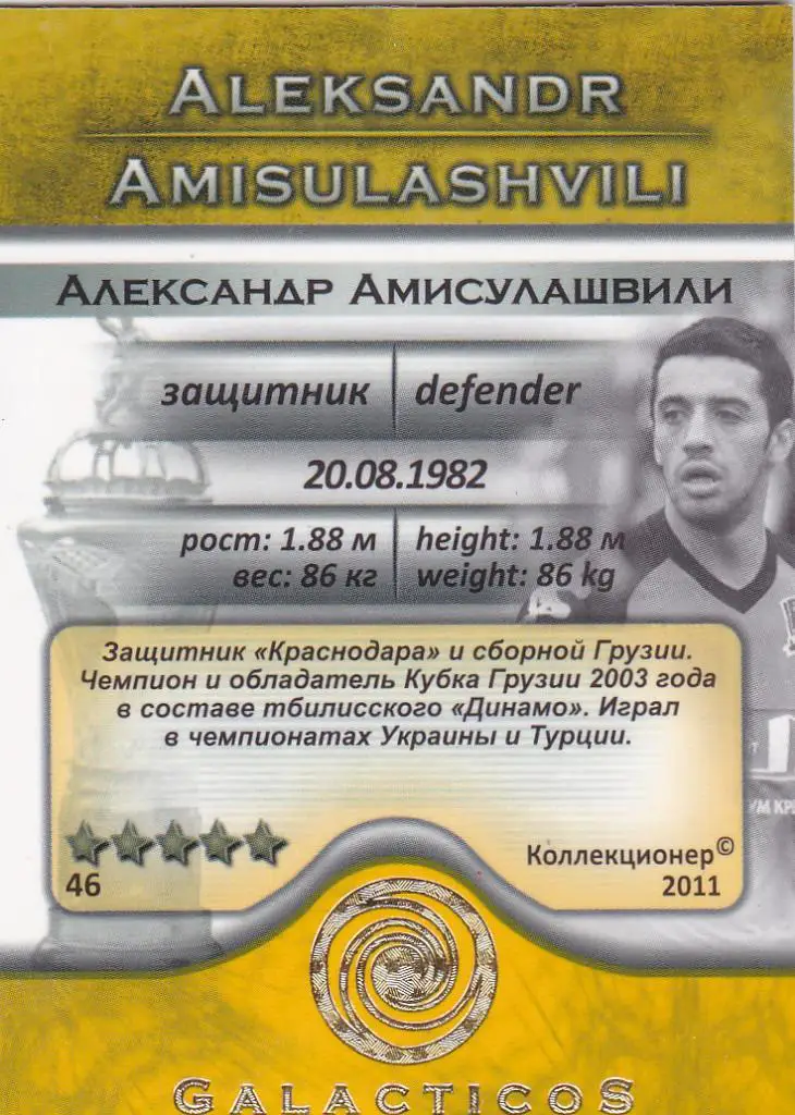 Футбол. Карточка Александр Амисулашвили (ФК Краснодар, Грузия) 2011 1