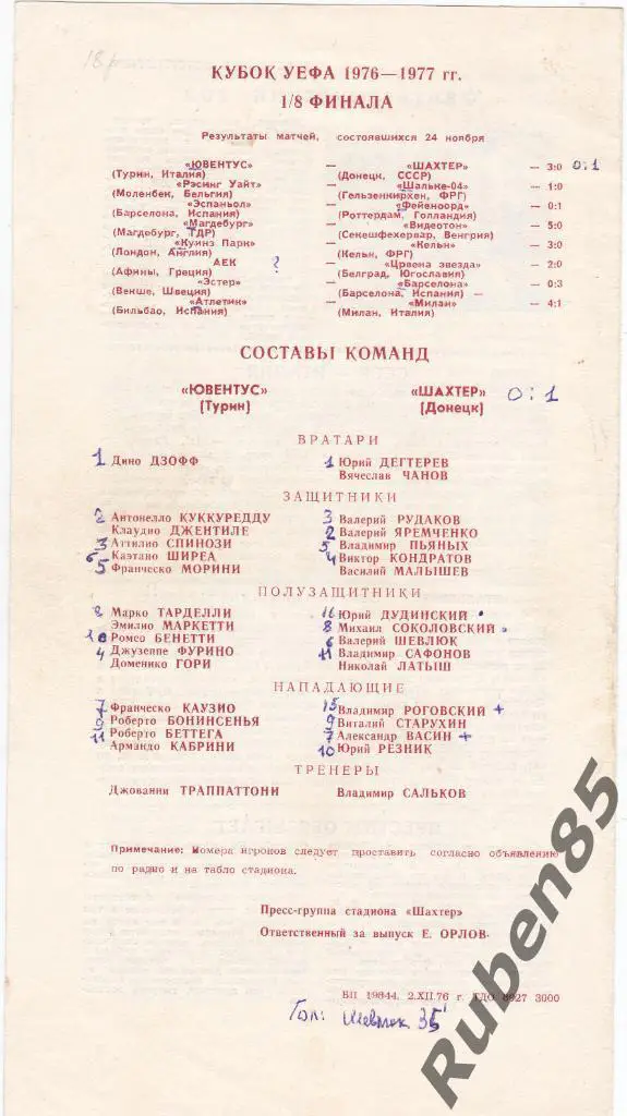 Программа ЕК Шахтёр Донецк - Ювентус 1976 1