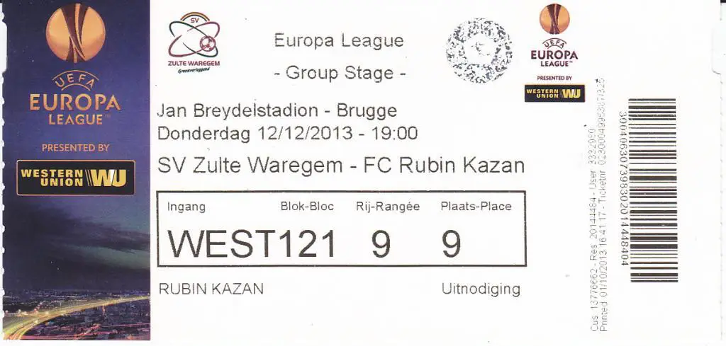 Билет ЕК Зюльте Варегем Бельгия - Рубин Казань 2013