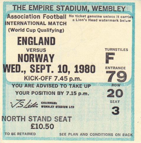 Футбол Билет Англия - Норвегия 1980