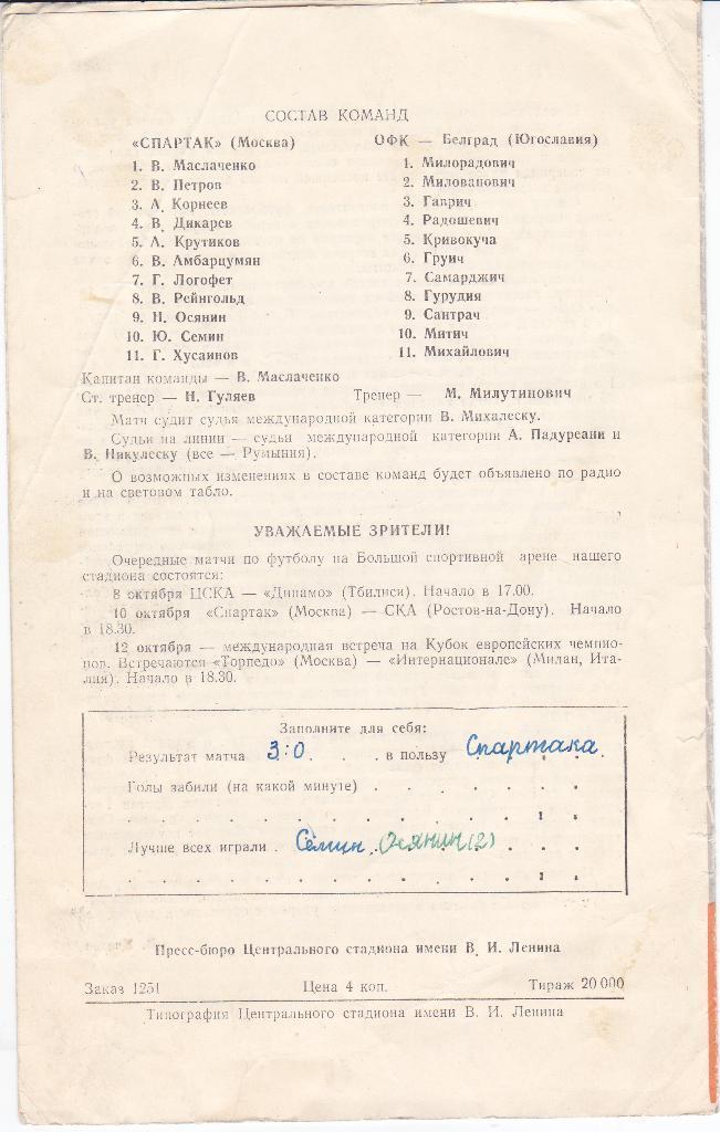 Программа ЕК Спартак Москва - ОФК Белград Югославия 1966 1