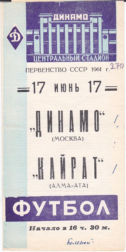 Футбол. Программа Динамо Москва - Кайрат 1961