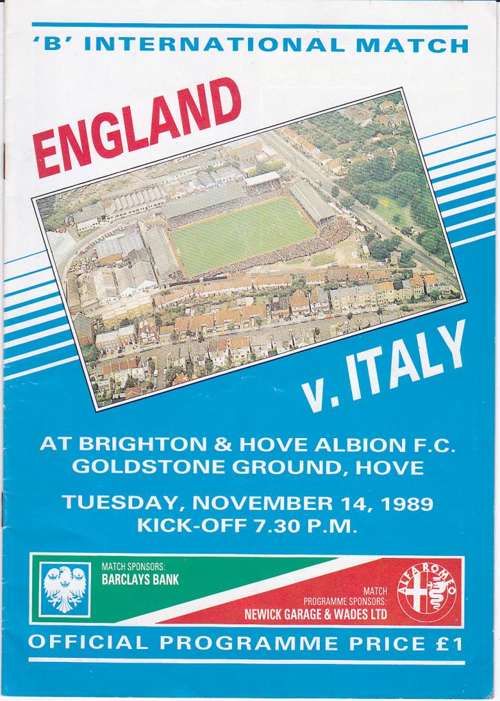 Программка Англия - Италия 1989