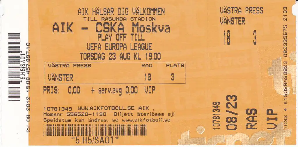 Футбол Билет ЕК АИК Сольна Швеция - ЦСКА 2012 ИДЕАЛ