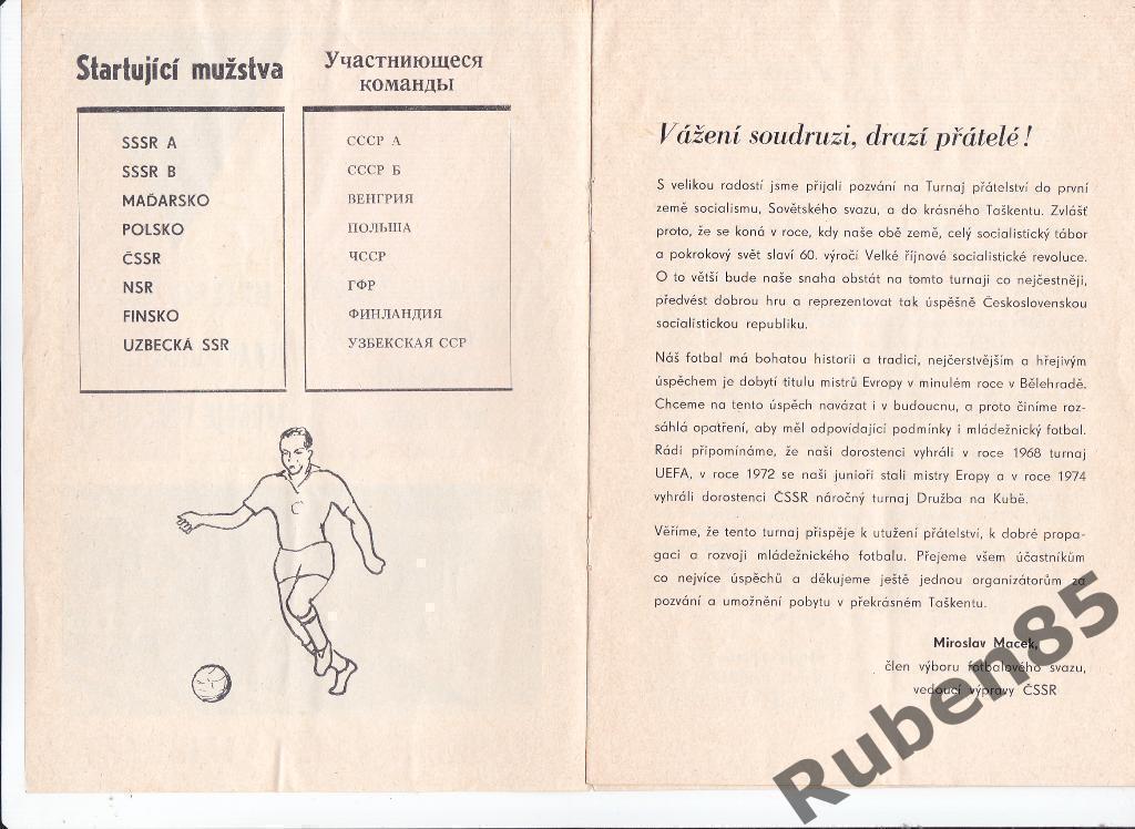 Программа на Турнир Дружбы 1977 Ташкент молодёжные сборные СССР ЧССР Финляндия 1