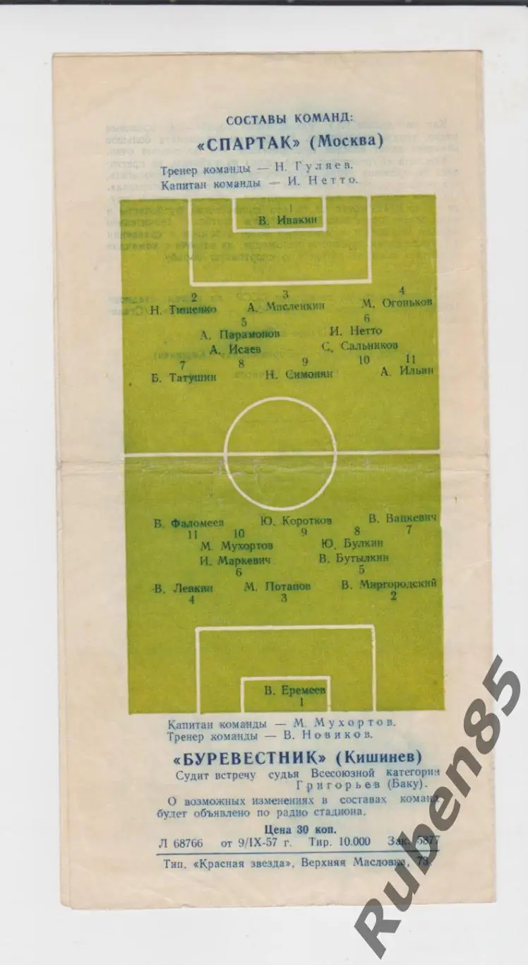 Программа Спартак Москва - Буревестник Кишинёв 1957 1