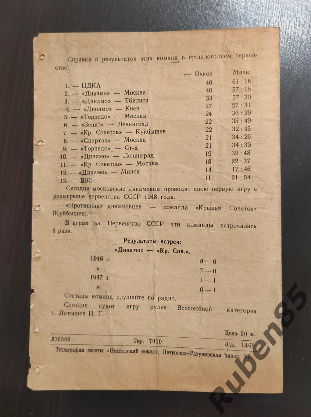 Футбол. Программа Динамо Москва - Крылья Советов Куйбышев 16.05 1948 1