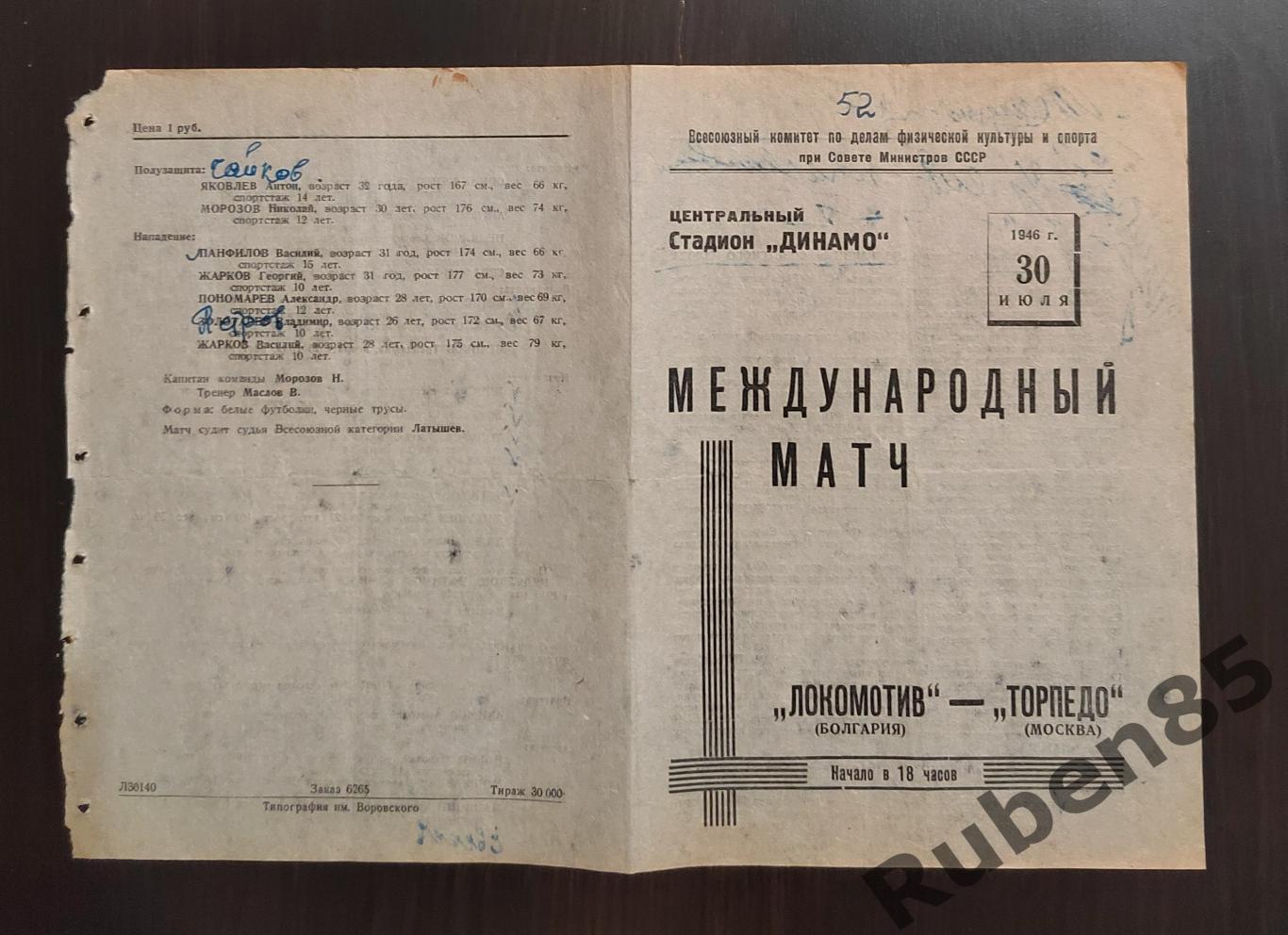 Футбол. МТМ Программа Торпедо Москва - Локомотив София Болгария 1946