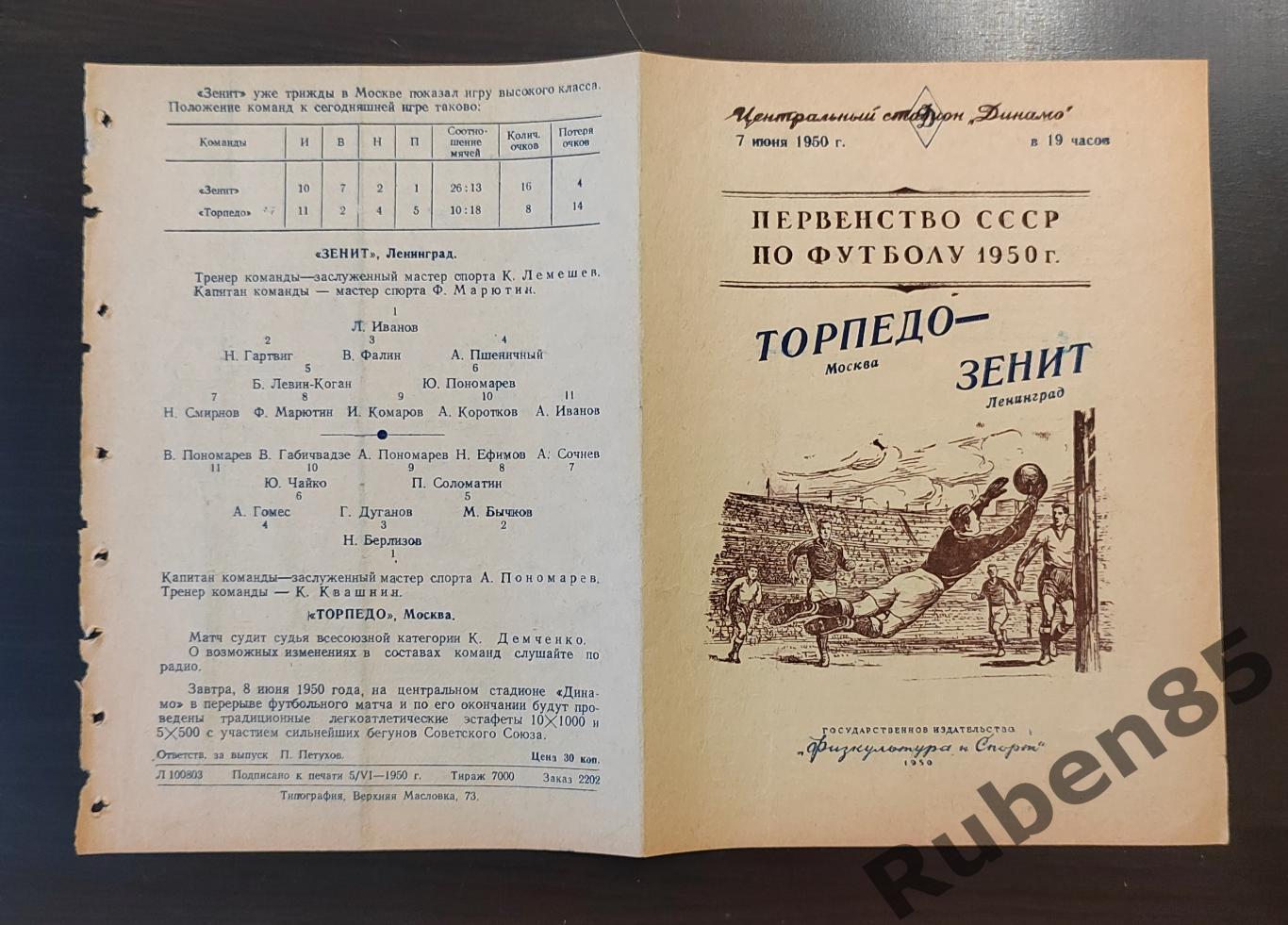 Футбол. Программа Торпедо Москва - Зенит 07.06 1950