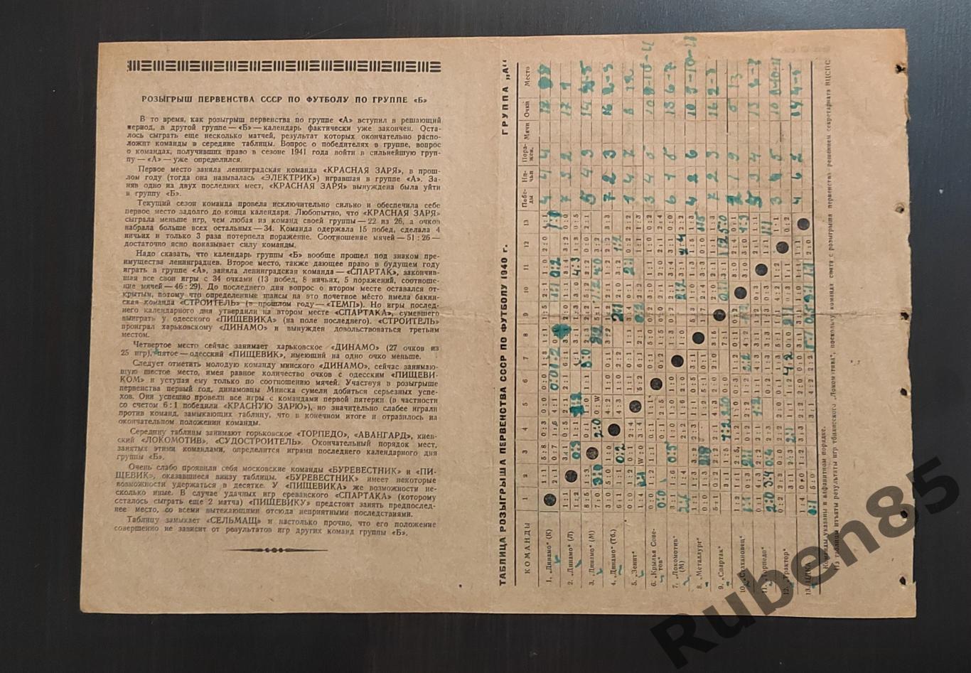 Футбол. Программа Металлург - Динамо + Трактор Сталинград Спартак Москва 1940 1