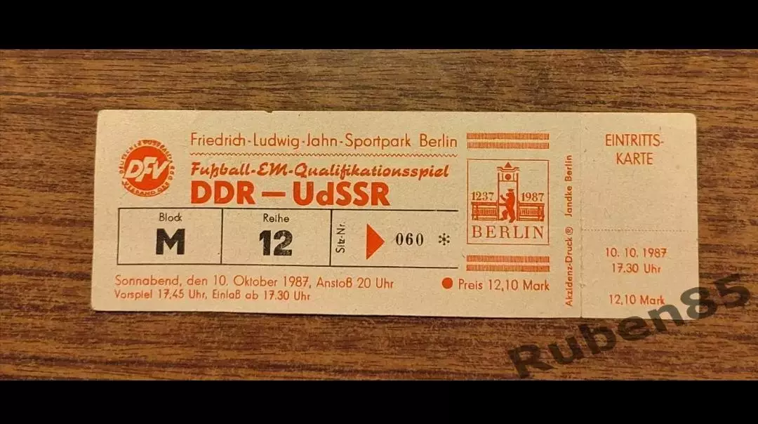 Футбол. Билет ГДР - СССР 1987 (полный!)
