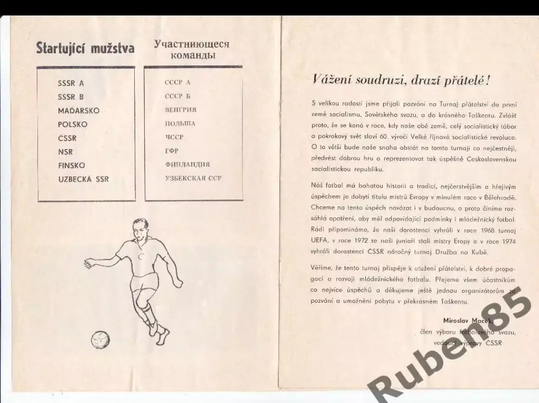 Программа на Турнир Дружбы 1977 Ташкент молодёжные сборные СССР ЧССР Финляндия 1