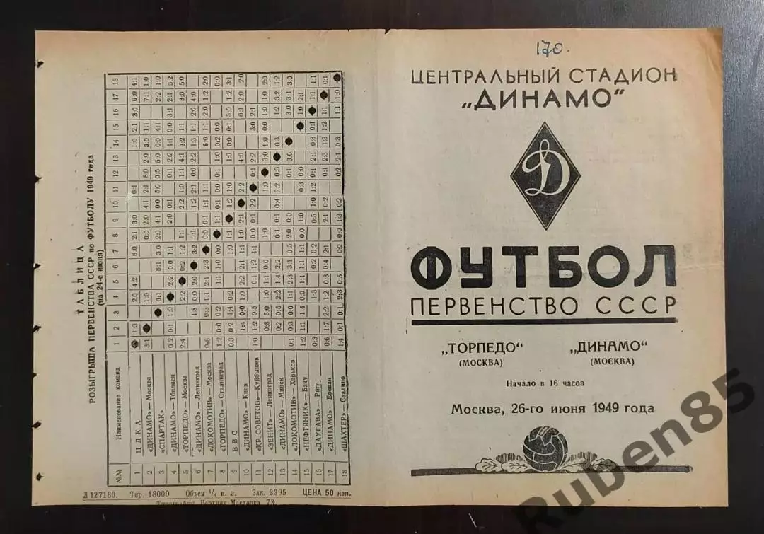 Программа Торпедо Москва - Динамо Москва 26.06 1949