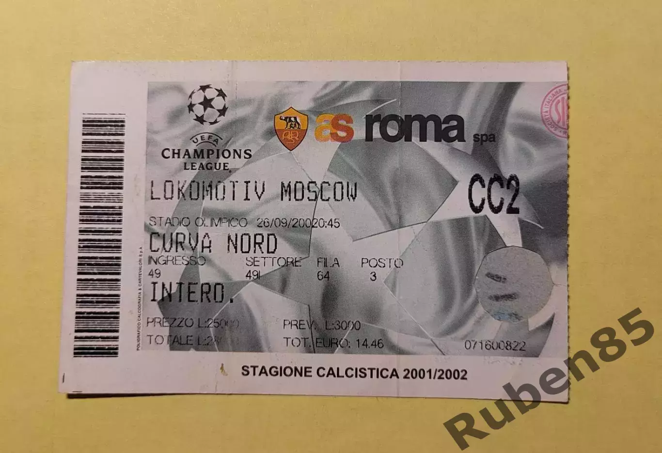 Футбол. Билет ЕК Рома - Локомотив Москва 2002