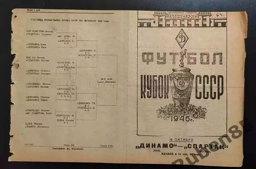 Футбол. Программа Спартак Москва - Динамо Киев 1946 кубок