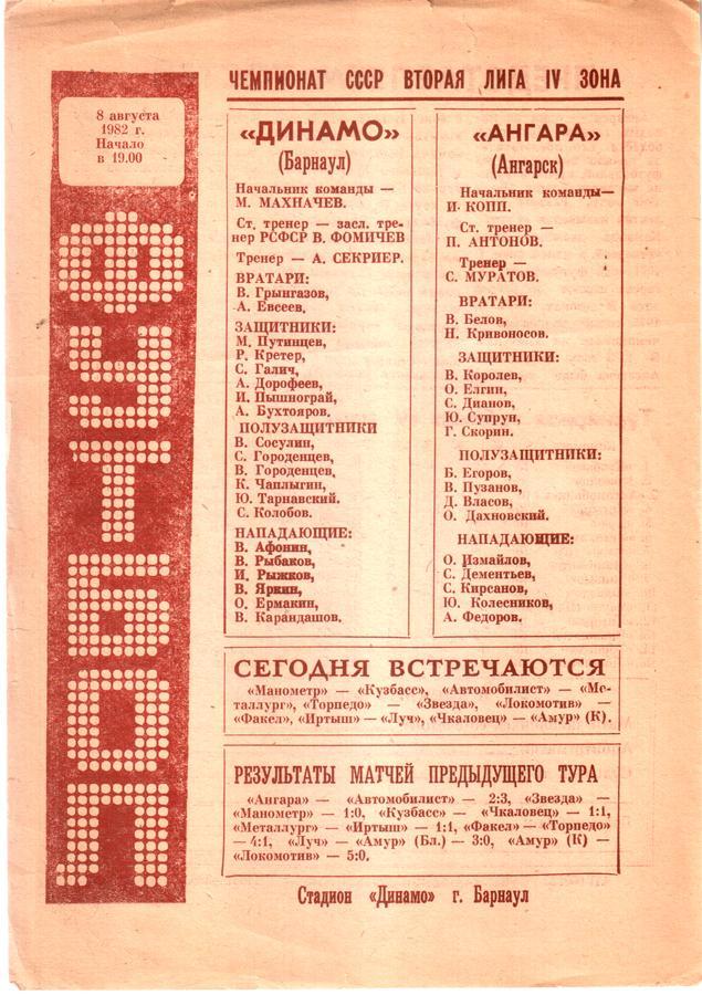 Динамо Барнаул - Ангара Ангарск. 1982