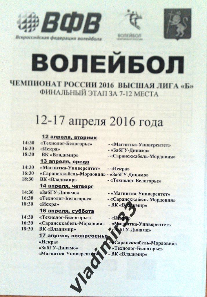 ВК Владимир, Белгород, Одинцово, Чита, Магнитогорск, Саранск 2016