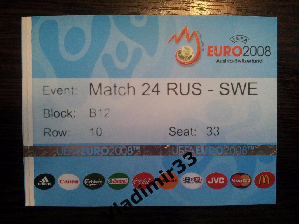 Россия - Швеция 2008. Билет. Чемпионат Европы