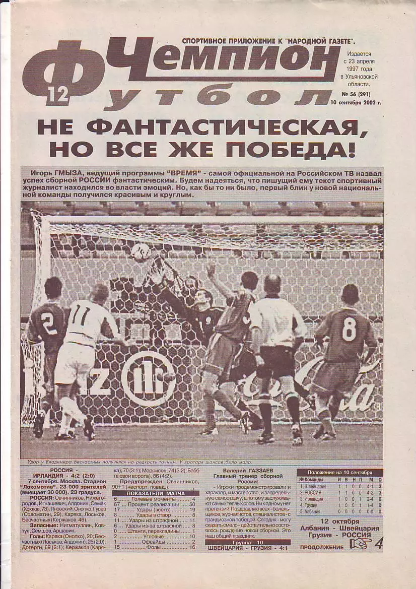 Газета Чемпион-Футбол №56 10.09.2002