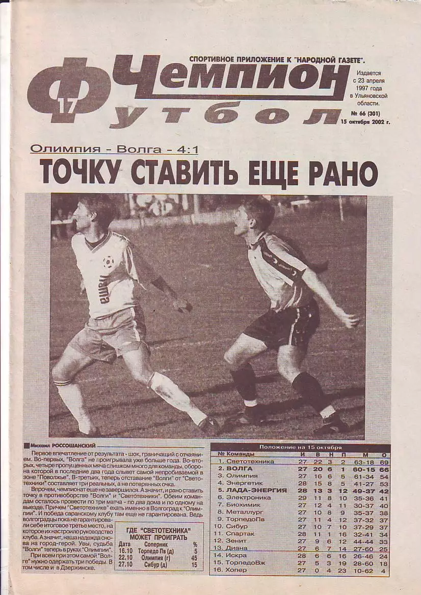 Газета Чемпион-Футбол №66 15.10.2002