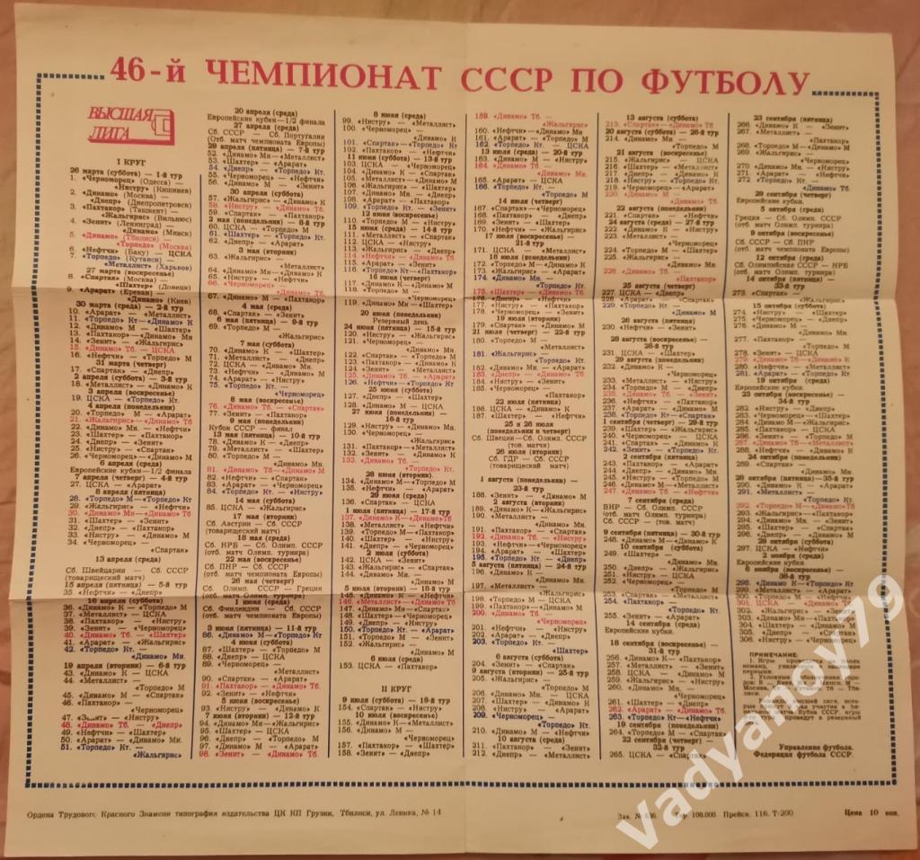 Календарь 46-й чемпионат СССР по футболу. Высшая лига 1984. Тбилиси (Грузия)