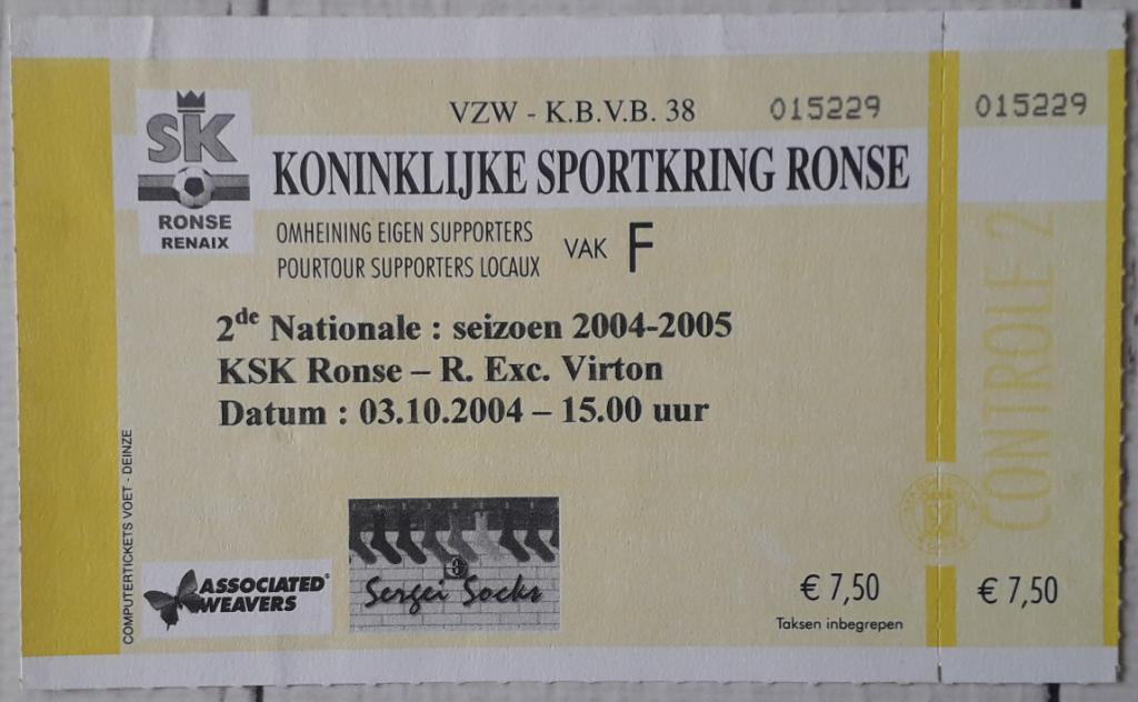 Билет Ронсе - Виртон 03.10.2004 Чемпионат Бельгии. 2 Nationale