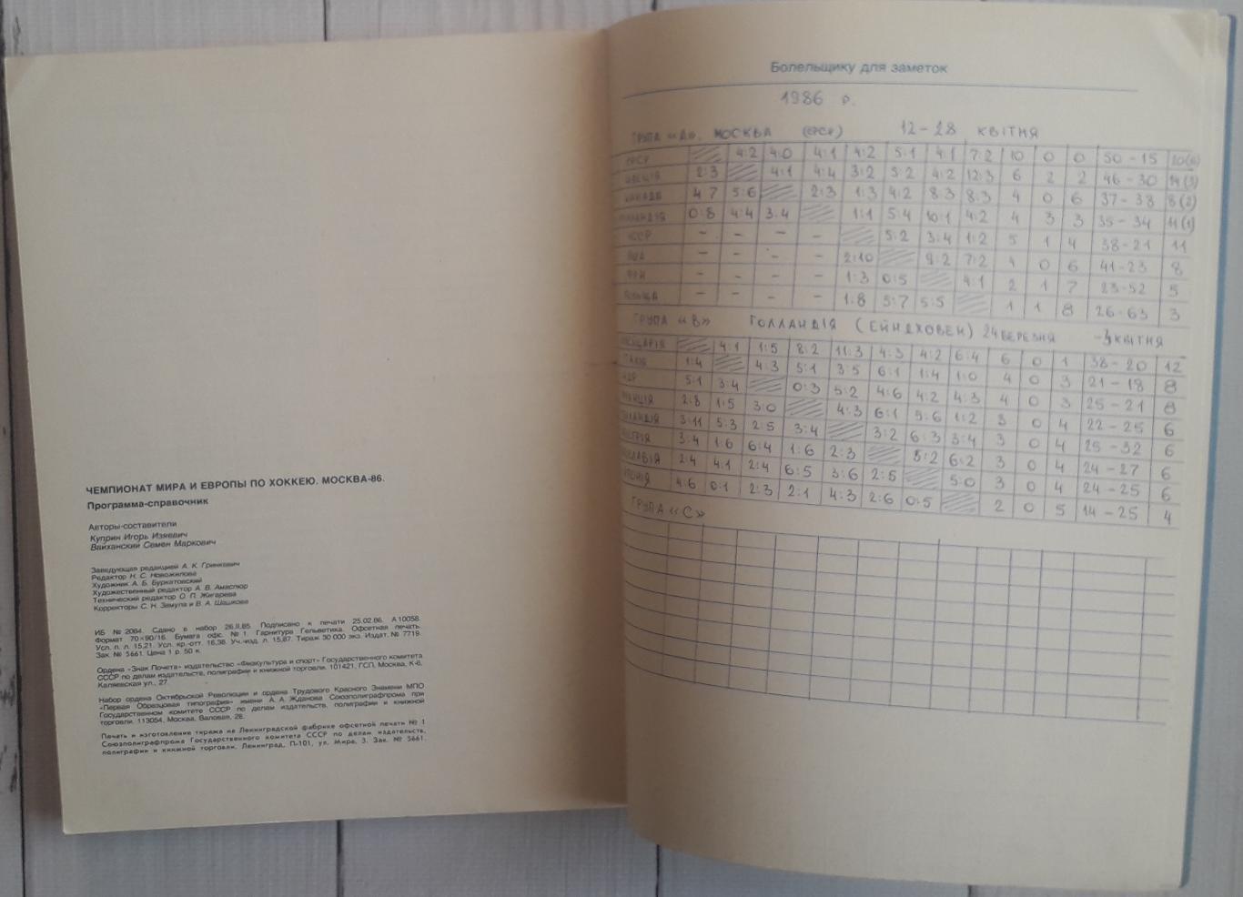 Програма-календар. Чемпіонат Світу і Європи по хокею. Москва-86. 1