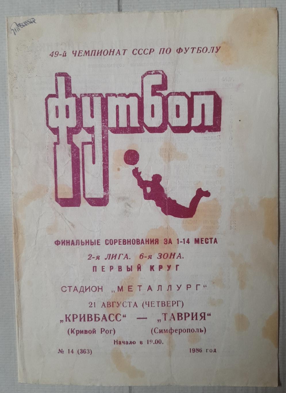 Кривбас Кривий Ріг - Таврія Сімферополь 21.08.1986.