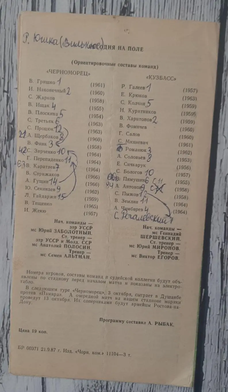 Чорноморець Одеса - Кузбас Кемерово /26.09.1987/ 1