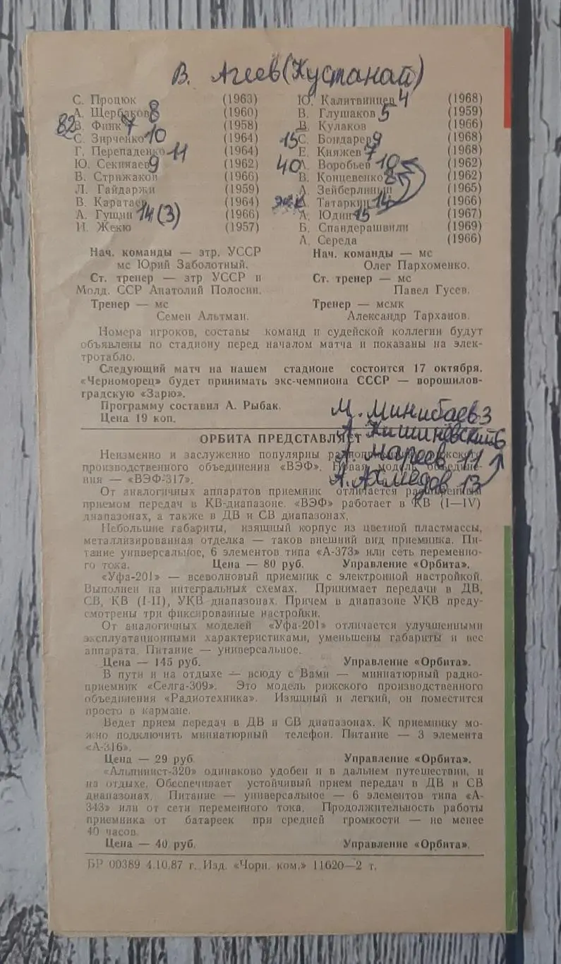 Чорноморець Одеса - СКА Ростов-на-Дону /13.10.1987/ 1