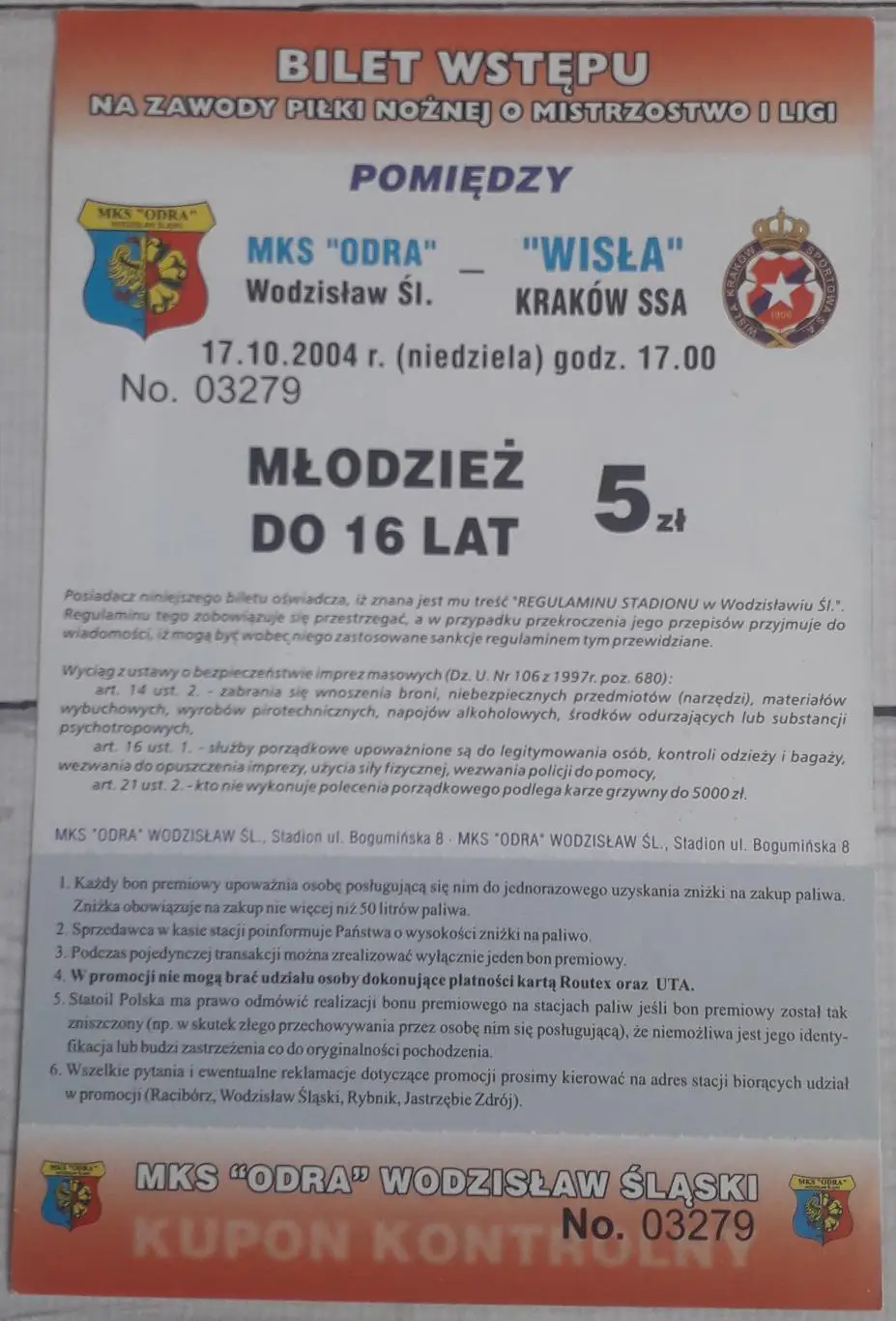 Білет Одра Водзіслав Шльонський - Вісла Краків 17.10.2004 Чемпіонат Польщі 1