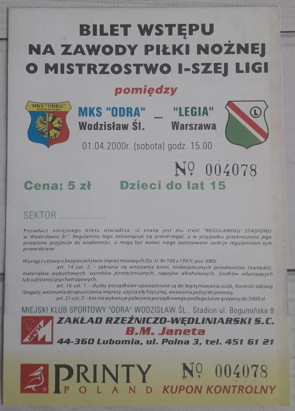 Білет Одра Водзіслав Шльонський - Легія Варшава 01.04.2000 Чемпіонат Польщі 1