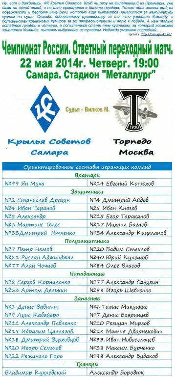 Крылья Советов - Торпедо (Москва) 22.05.2014 неофициальная программа