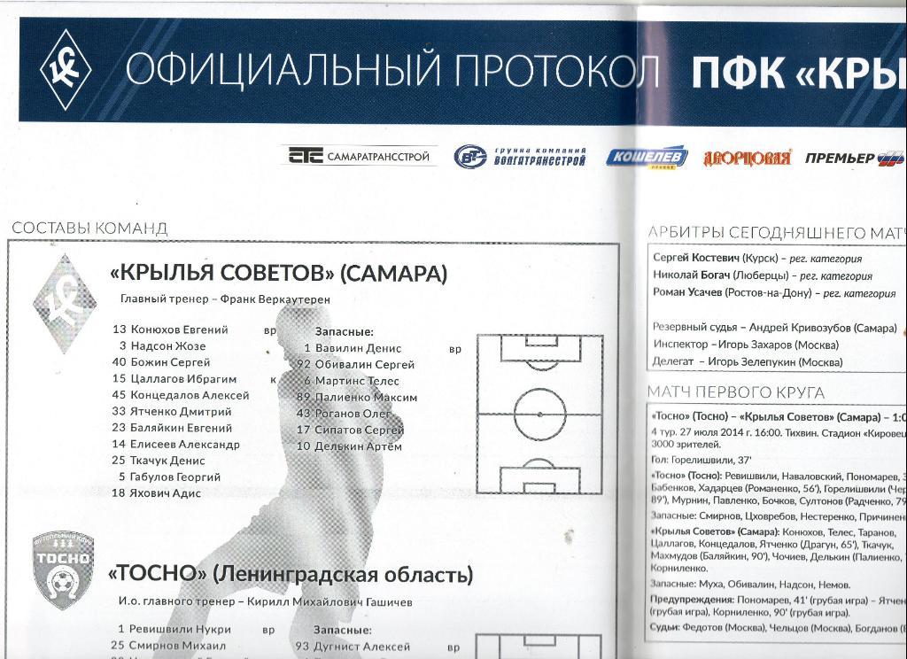 Протокол Крылья Советов (Самара) - Тосно (Ленинградская область) 18.11.2014