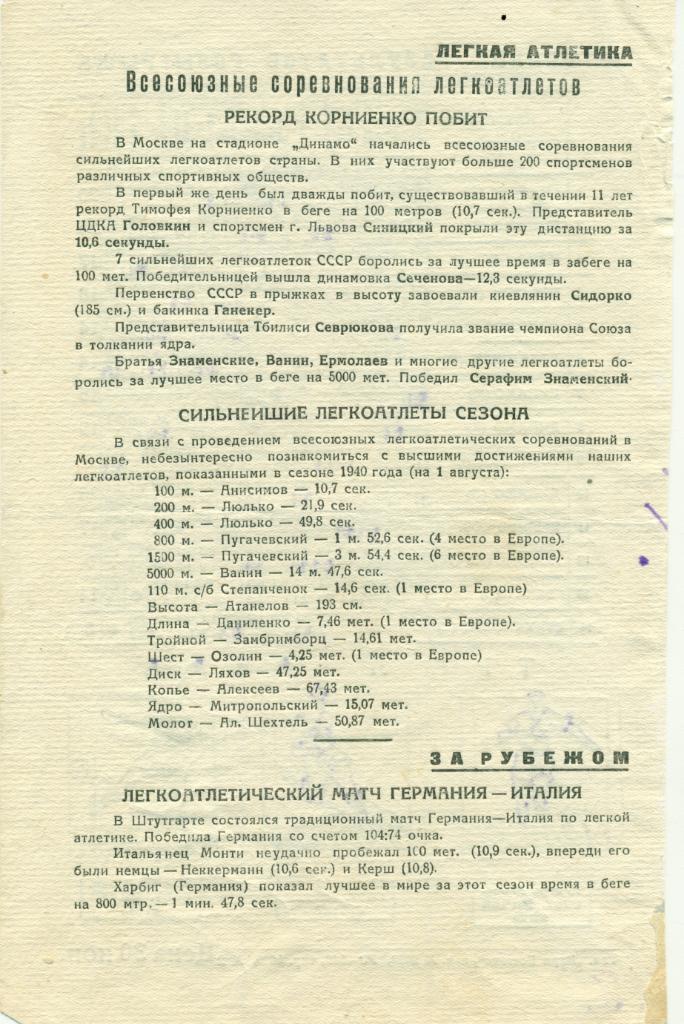 старая таблица чемп. СССР 1940 г. 1