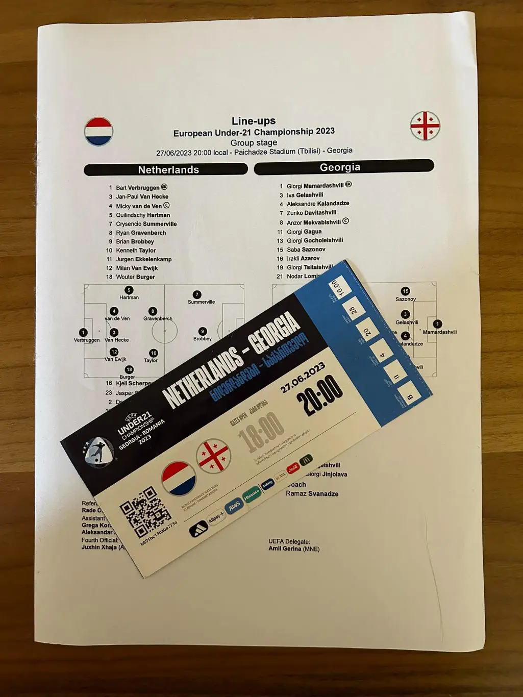 Билет+старт лист матча ЕВРО U-21 2023,НИДЕРЛАНДЫ-ГРУЗИЯ от 27.06.2023 г.,ТБИЛИСИ