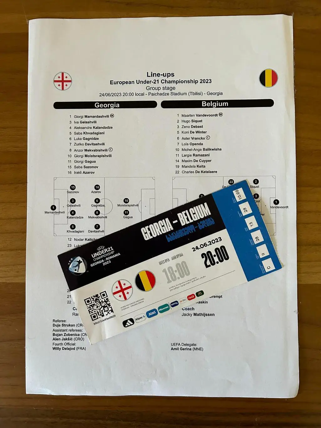 Билет+старт лист матча ЕВРО(U-21) 2023 г. ГРУЗИЯ-БЕЛЬГИЯ,24.06.2023 г.ТБИЛИСИ
